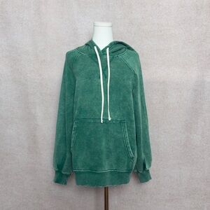 Zenana Mineral Washed Vintage Emerald Green Hooded Sweatshirt Kangaroo Pocket